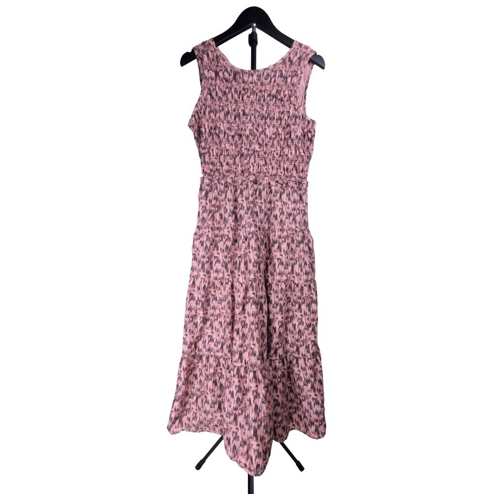 Summer Dress Women Pink Smocked Midi‎ Tiered Prairie Boho Beach Lunch Lounge Sm
